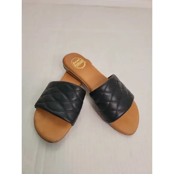 Andre Assous Sandals Womens Sz 9 Slip On Slide Black Tan Euro Summer Spain Made