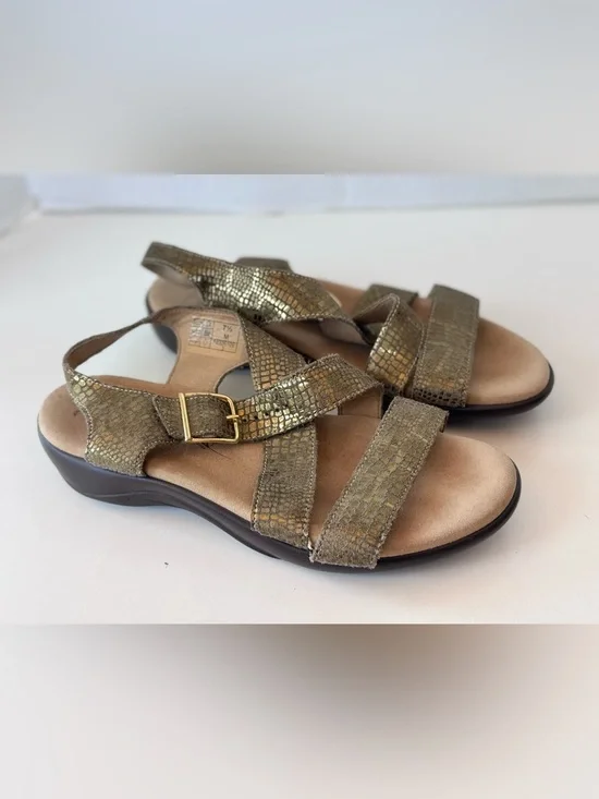 SAS Gold Metallic Reptile Print Comfort Sandals Adjustable Leather Women’s 7.5 M