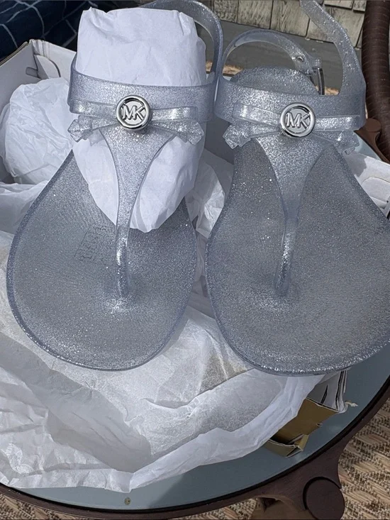 Michael Kors Silver Glitter Jelly Thong Sandals with MK Logo