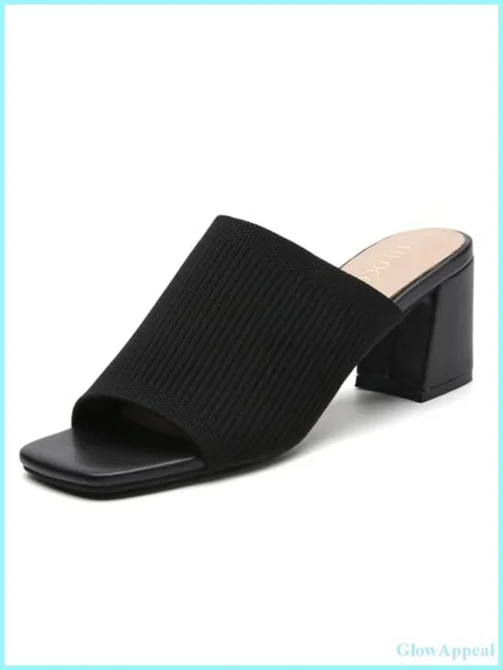 Women's Square Toe Block Heel Mules Sandals Slip On Knit