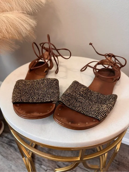 Madewell Brown Leather Lace-Up Sandals with Speckled Black-Tan Band