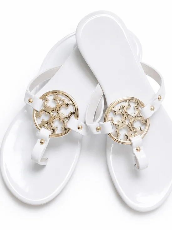 White & Gold Medallion Thong Sandals – Women’s