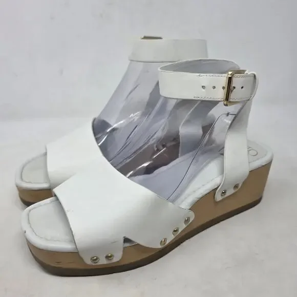 SARTO White Leather Wedge Sandals Ankle Strap Studded Women’s Size 9M