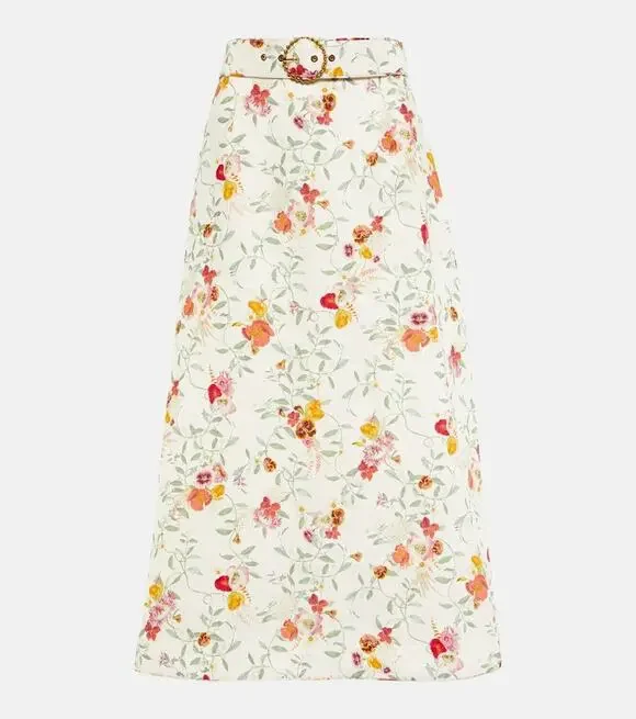 Zimmermann Women's Linen Midi Floral Belted Elka Vine Ivory Wonderland Skirt