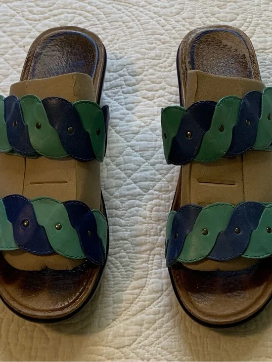 Dansko Dee Sandals in Royal Blue and Turquoise Open Toe Double Strap Wedge Slide