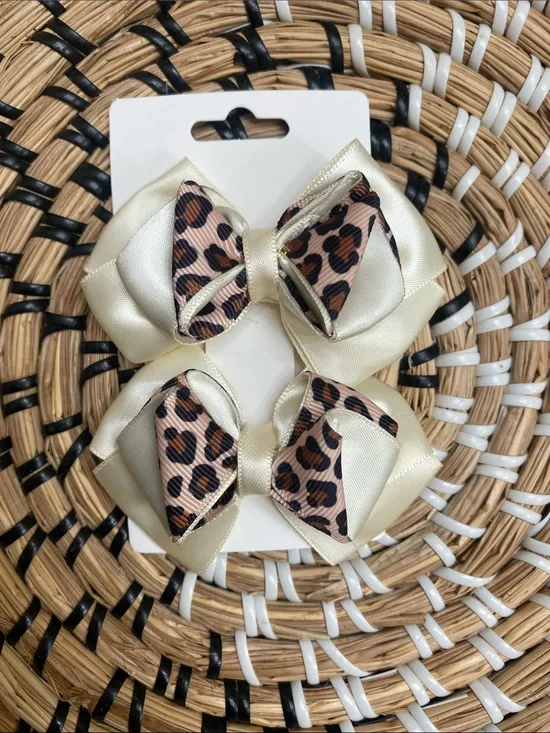 Cream Leopard Print Double Bow Hair Clips for Kids
