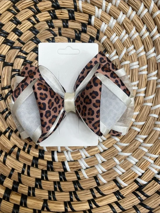 Leopard Print and Cream Layered Hair Bow for Kids