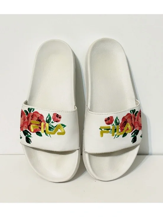 Women's FILA Drifter Embroidered White Floral Slide Sandals Size 8