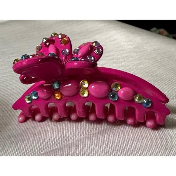 Bright Pink multi-colored bejeweled thick plastic butterfly‎ hair clip 3.5” long
