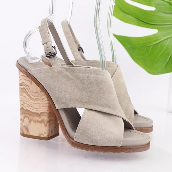 VINCE Womens Helena Sandals Size 8 M Gray Suede Wood‎ Heel Slingback Shoes Italy
