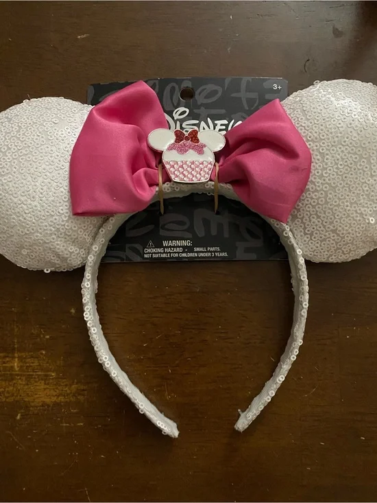 Disney White Sequin Minnie Ear Headband with Hot Pink Bow and Cupcake Charm