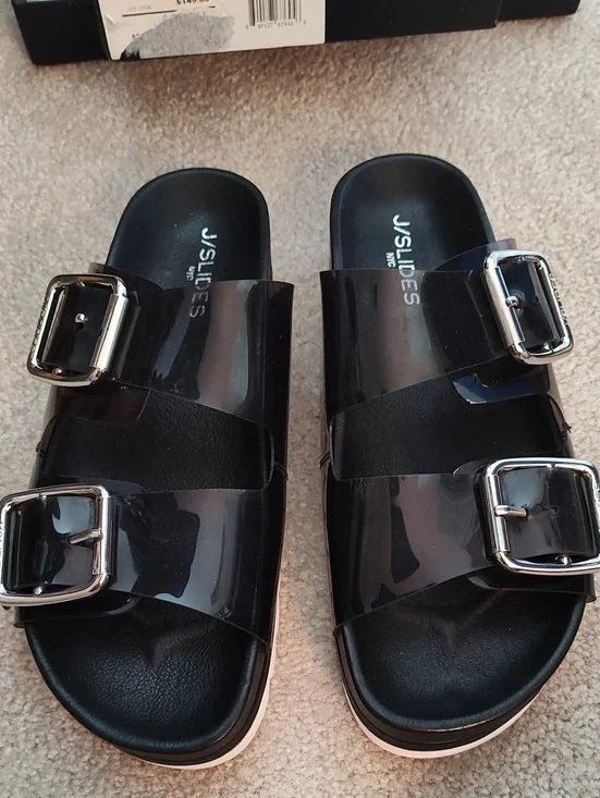 J/SLIDES Black Double-Buckle Slide Sandals