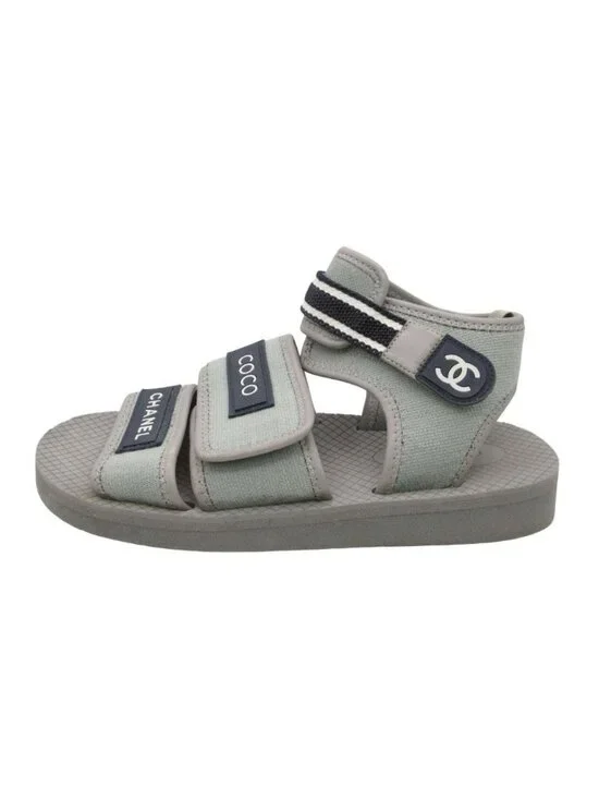Chanel Sandals Coco Logo Velcro Nylon Canvas Urethane Flat Belt Shoes Gray