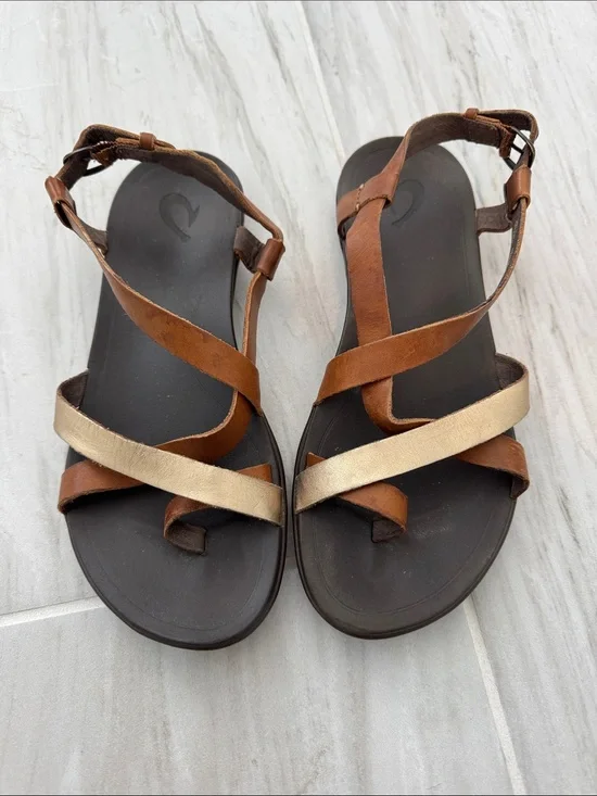 OluKai Brown Leather Sandals with Gold Accent Straps