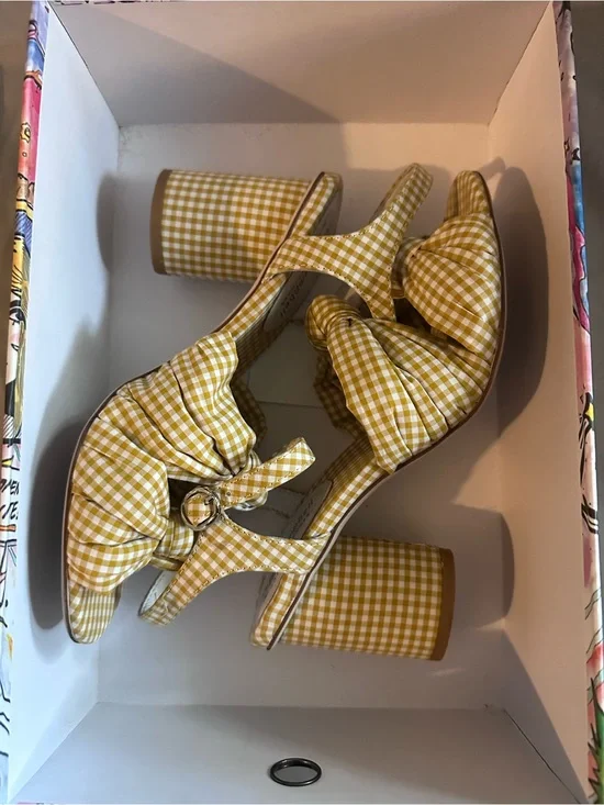 Jeffrey Campbell Anthropologie Yellow Gingham Bow Block Heel Sandals