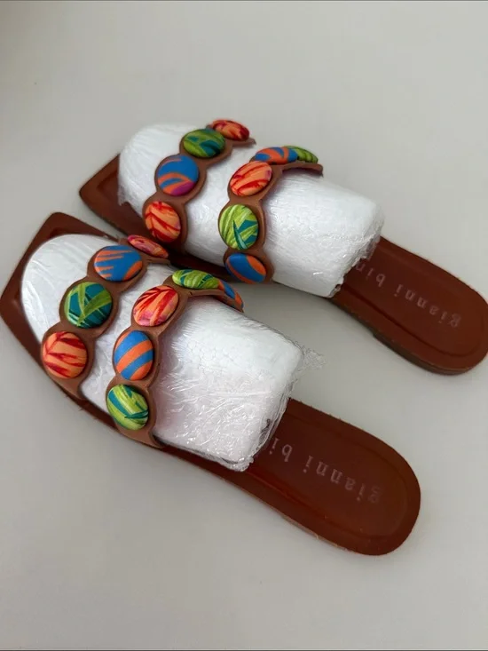 Gianni Bini Brown Slide Sandals with Colorful Round Accents
