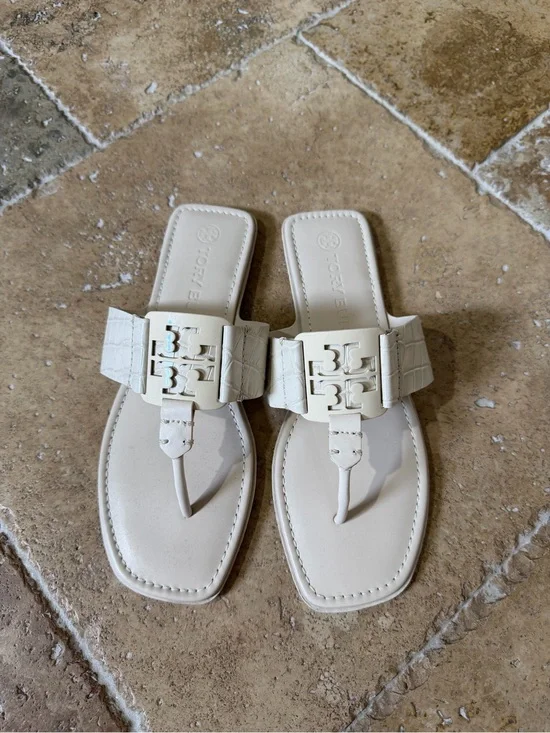 Tory Burch Cream Leather Logo Thong Sandals