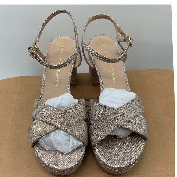 Stuart Weitzman‎ Metallic Champagne Glitter Platform Block Heel Sandals Spain 9