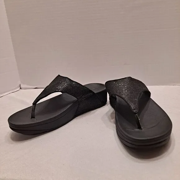 Fitflop Women's Lulu Thong Sandals Size 8 Black Glitter Wedge Platform Shoes