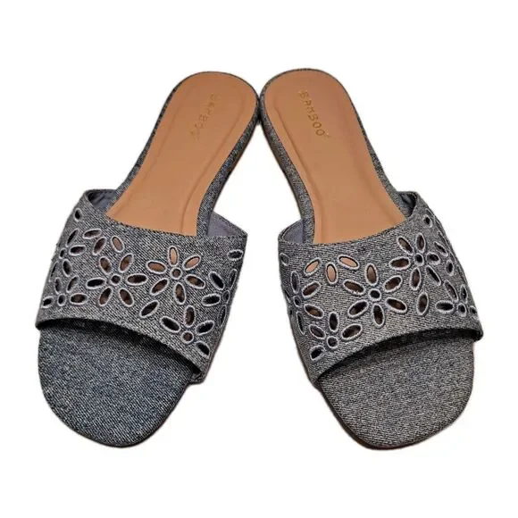 Bamboo Women's Denim Slide Sandals Size 8.5 Blue Floral Embroidered Perforated