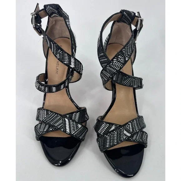 Antonio Melani Black White Tribal Aztec Print Heeled Sandals Women's Size 9M
