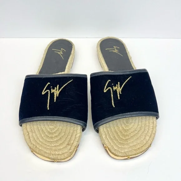 Giuseppe Zanotti Brett Slides Black Velvet Upper Gold-tone Us 13 EU 44 Sandals