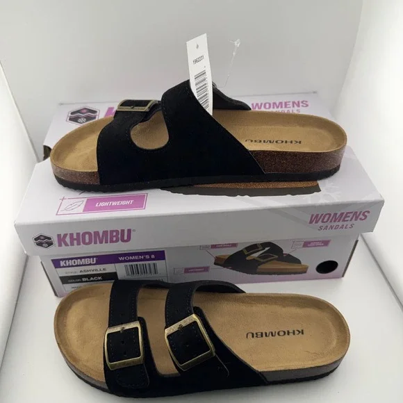 Khombu Ashville Sandals Womens 8 Black NIB Suede Leather Cork Slide Buckle Shoes