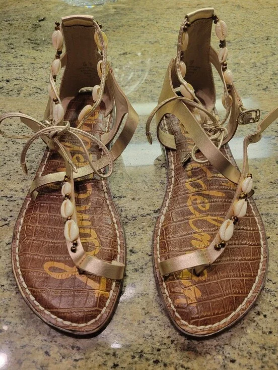 Sam Edelman Metallic Gold Beaded T-Strap Gladiator Sandals