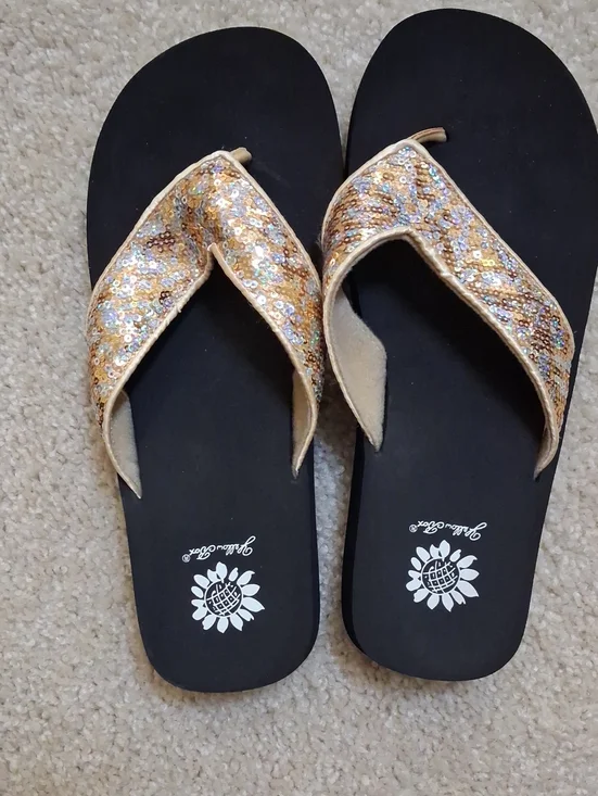 NEW! Yellow Box Gold Sequin Thong Sandals with Black Footbed