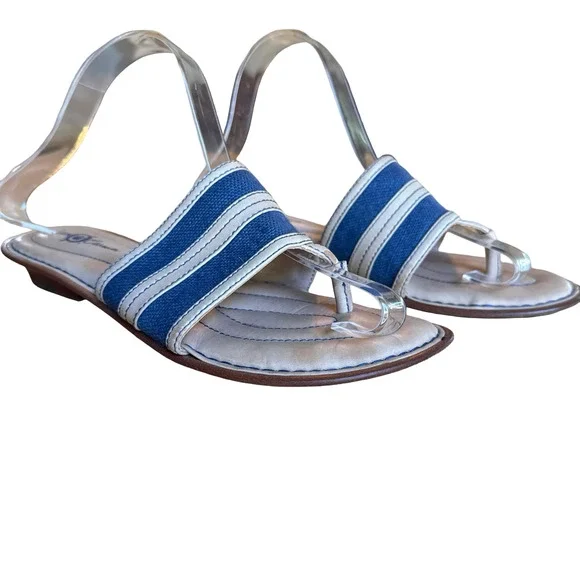 Born Crown Beige Blue Leather & Canvas Thongs Slides Flip Flops Sandals sz 8