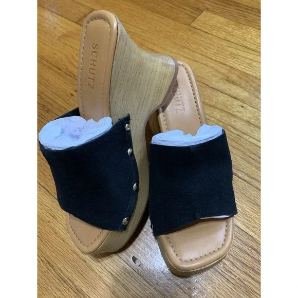 Schutz Lanneh Black Suede Wood Platform Wedge Clog Sandals Rivet Studded 6.5