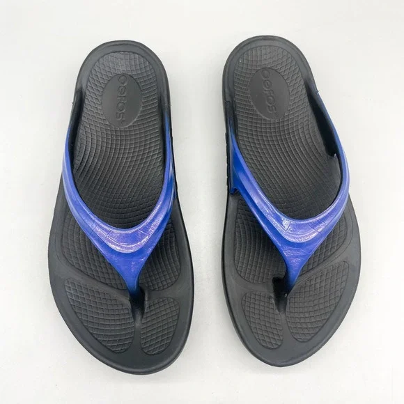 Oofos Womens 7 OOlala Recovery Shoes Thong Sandals Blue Black Yoga Beach Comfort