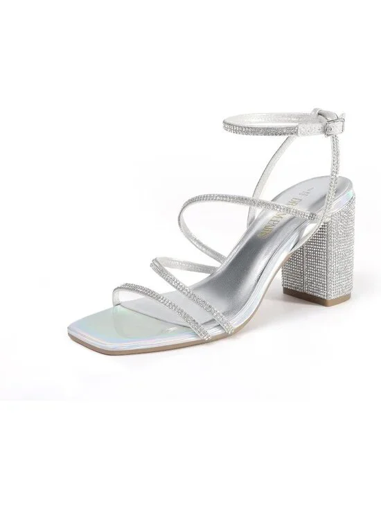 Dream Pairs Women's Silver Rhine Open Toe Sleek Straps Chunky Block Heel Sandals