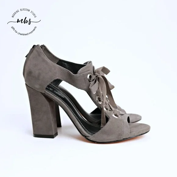 Klub Nico Tinka‎ Open Casual Chic Suede Block Lace-Up Heeled Sandals Grey 7