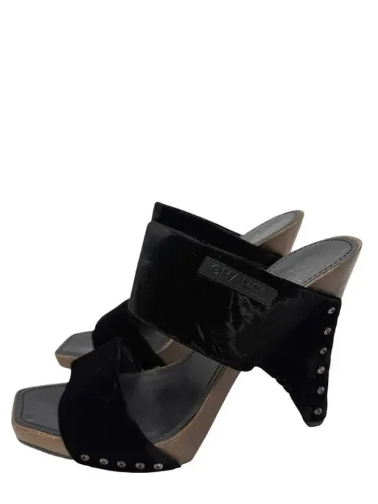 Chanel Vintage Black Velvet Studded Wooden Heel Sandals Size 38