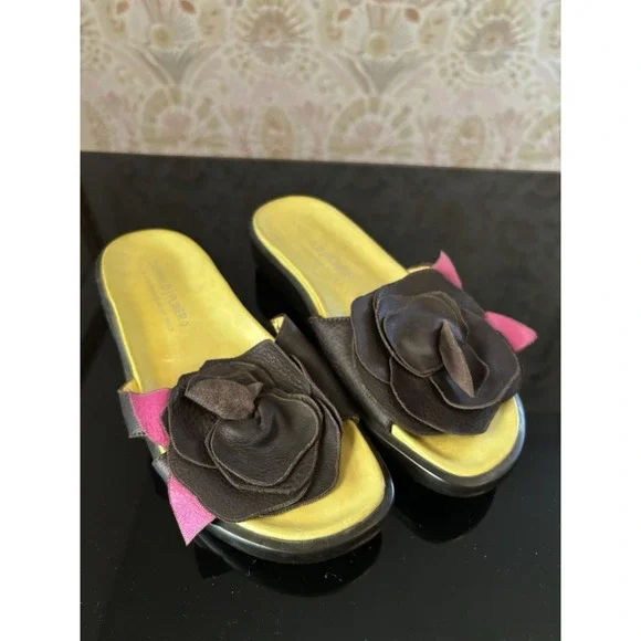 Donald J Pliner Women's Leather Slide Sandals Brown Green Pink Flower US 7.5