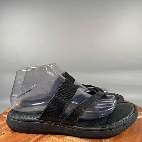 Born Womens 8M Black Leather Strappy Toe Loop Slide‎ Sandals F46003