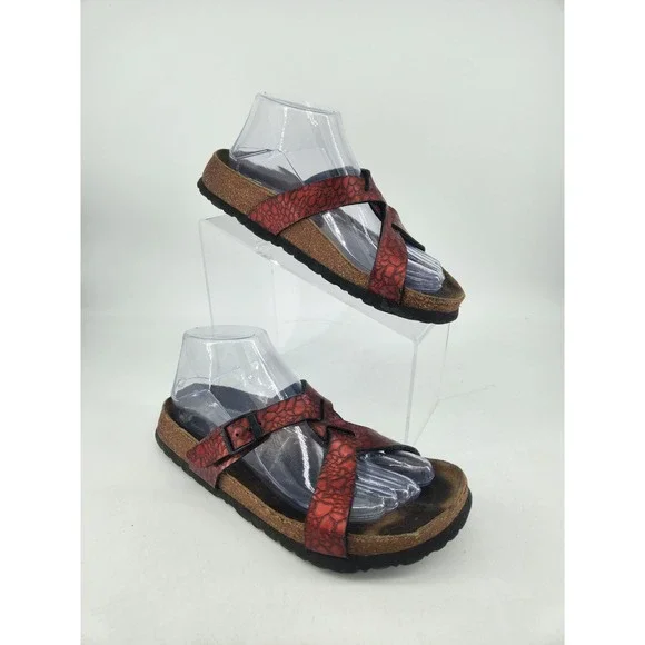 Birkenstock‎ Birki's Sylt Sandals Womens 37/US 6 Red Metallic Cross Strap Cork