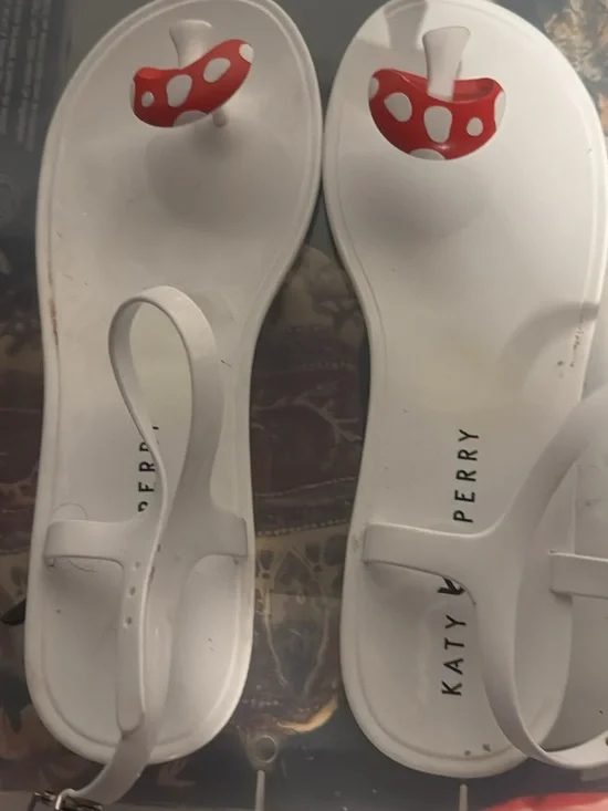 Katy Perry Collections White Jelly T-Strap Sandals with Red Mushroom Accent