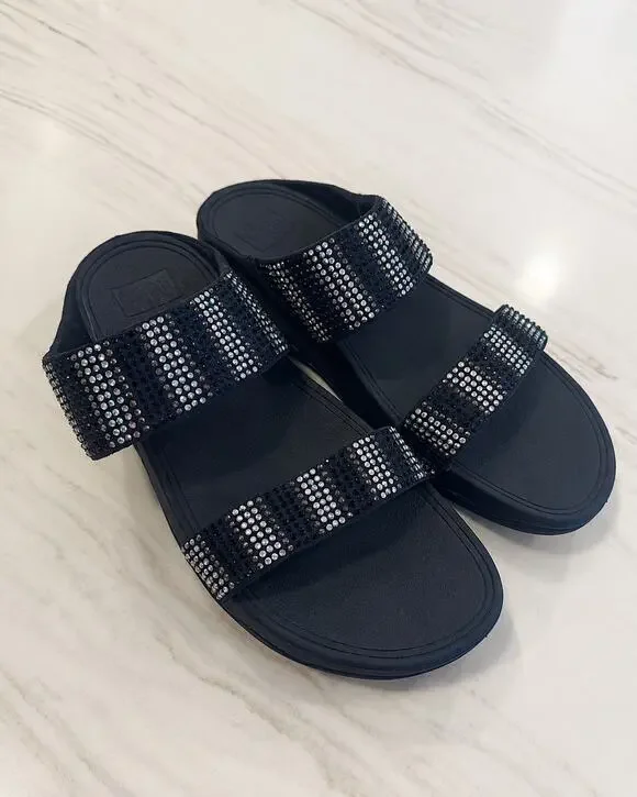 FitFlop Women’s Size 10 Navy Blue Rhinestone Crystal Two Strap Slide Sandals