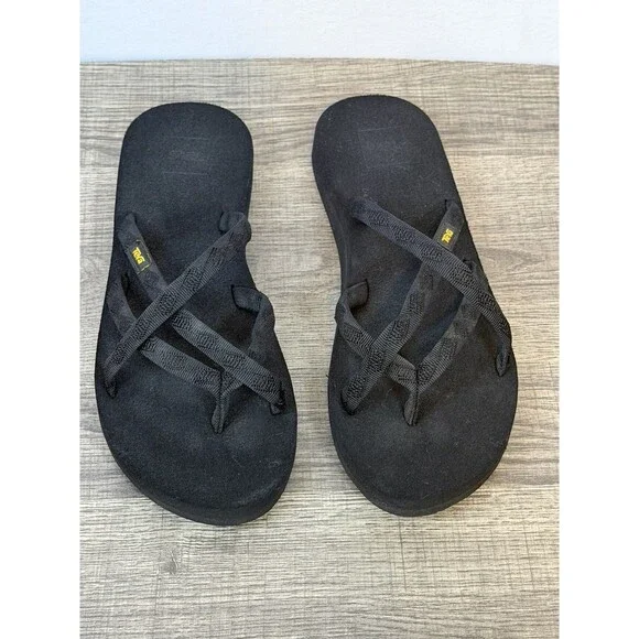 Size 9 Women's - Teva Sandals Olowahu Slip On Multi Strap Flip Flops 6840 Black