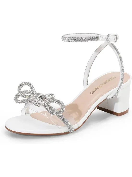 Dream Pairs Women's White Open Toe Rhinestone Double Bow Chunky Sandals