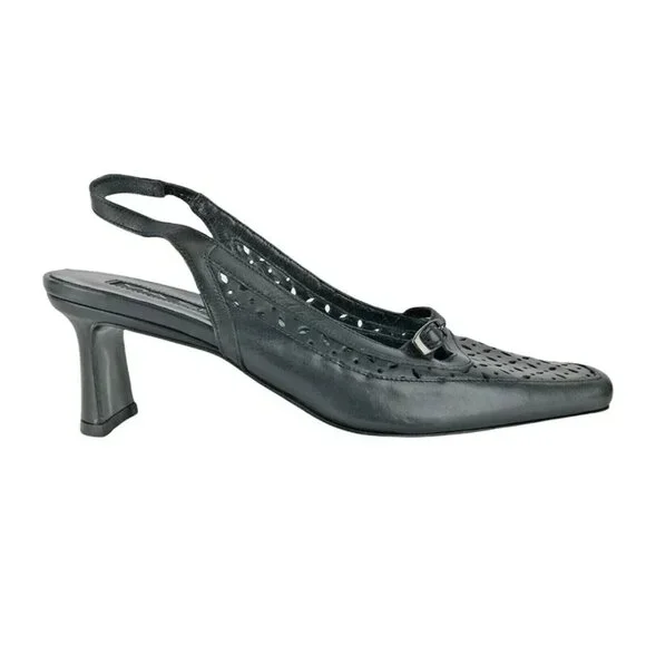 Via Spiga Womens Black Leather Closed Toe Spool Heel Slingback Sandals Size 5.5M