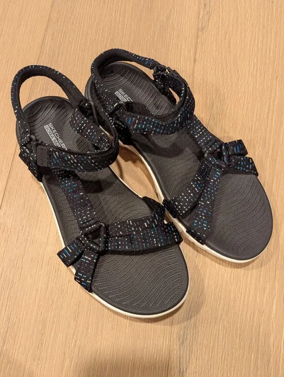 Skechers Women's Black Sandals with Blue Speckle Straps