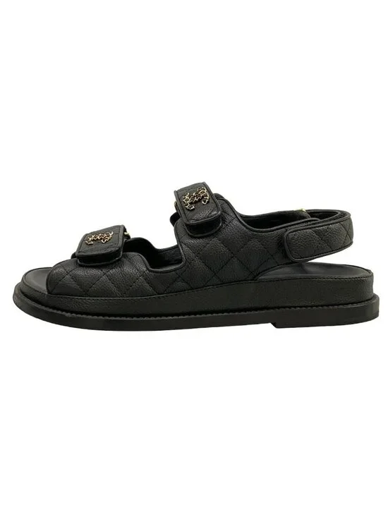 Chanel Sandals Black Quilted Gold CC Logo
