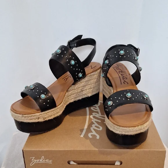 Zodiac Yana Black and Turquoise Studded Platform Wedge Espadrille Sandals