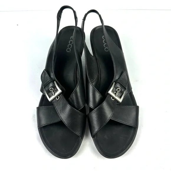 Ecco Criss Cross Wedge Shoes 42 Black Leather Slingback Shoes‎ Womens
