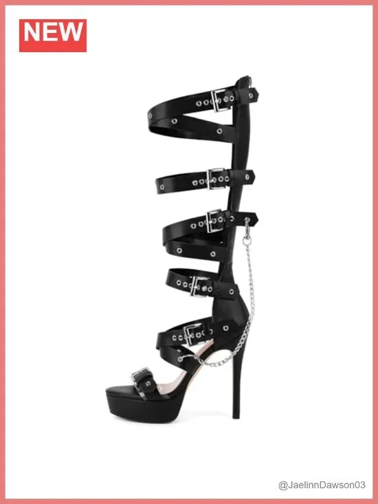 Knee High Eyelets Belt Strap Buckle Heels Gladiator Sandals with Chain Platform