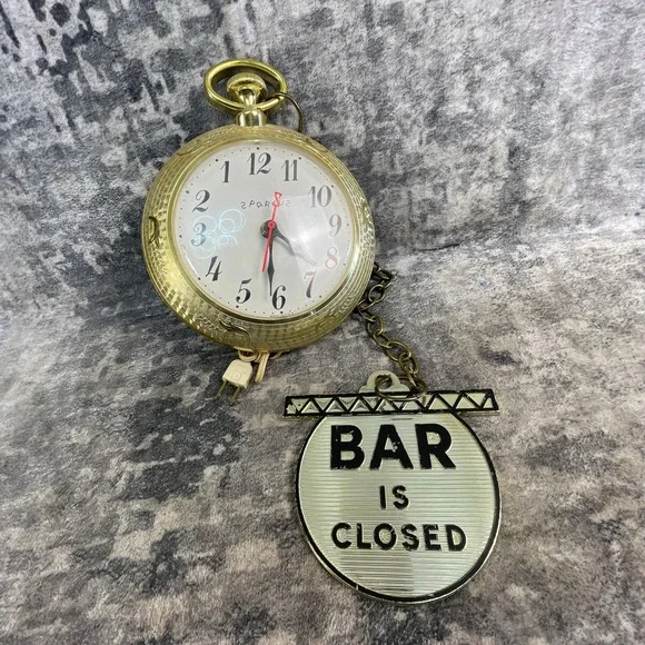 Vtg Spartus Pocket Watch Wall Clock Era Bar Is Open Closed Sign Gold Retro Decor