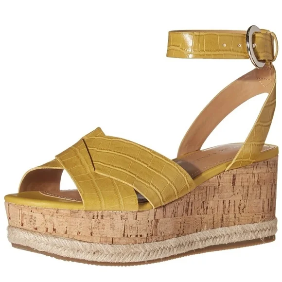MARC FISHER Croco Leather Platform Espadrille Yellow Wedges Women's‎ 8.5 NWT